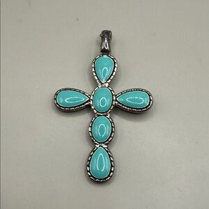 Vintage Southwestern Silver Tone Reversible Turquoise Blue Black Cross Pendant